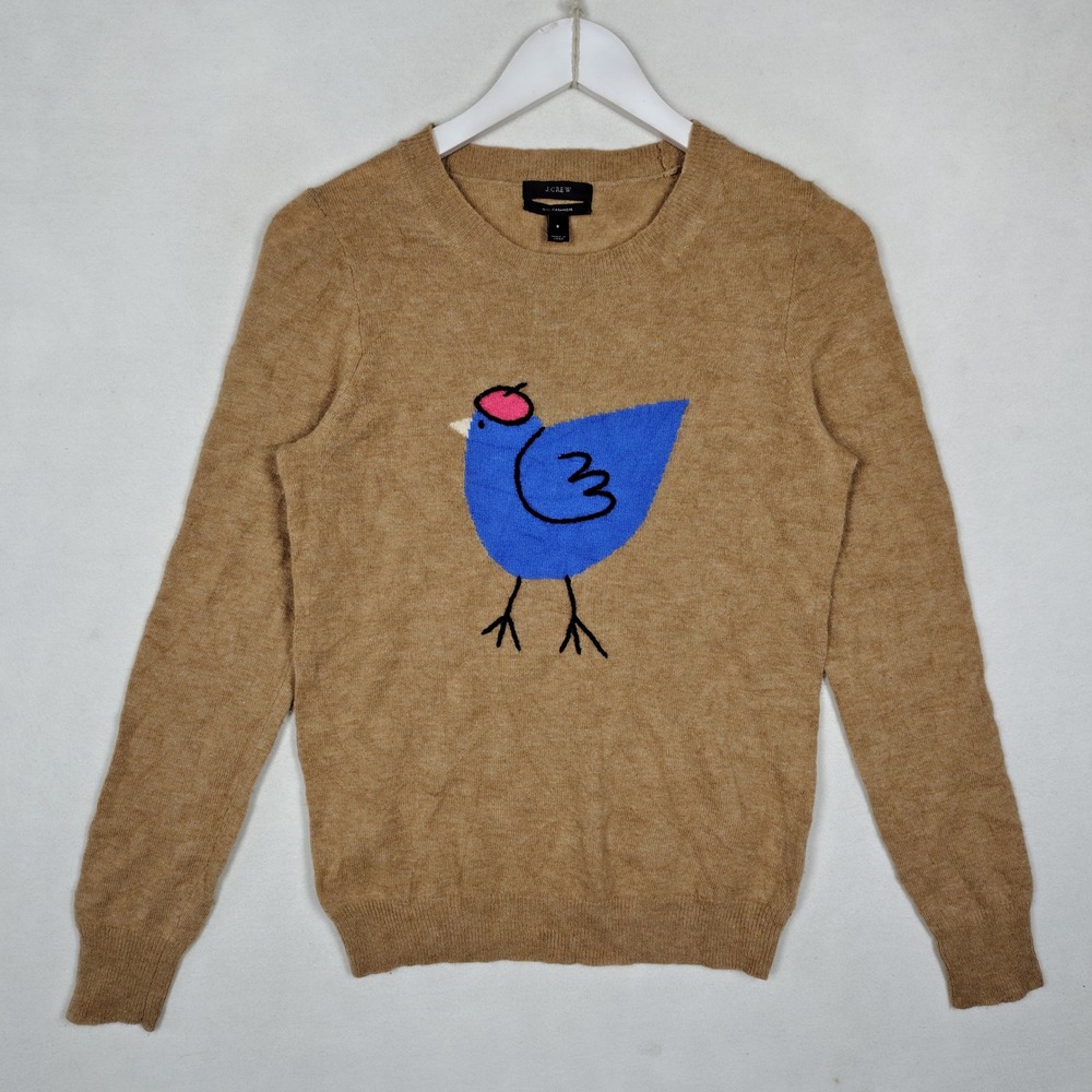 J.Crew Womens Small Brown Wool Cashmere Blue Bird Beret Sweater 14492 FA 12